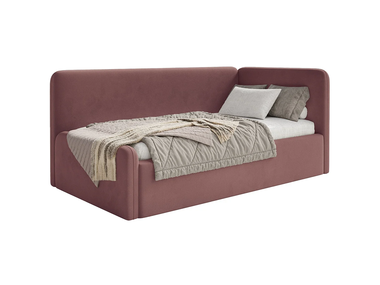 Lit junior 90x200 – barrière de sécurité, matelas, tête de lit à droite – velours – rose – FANKO