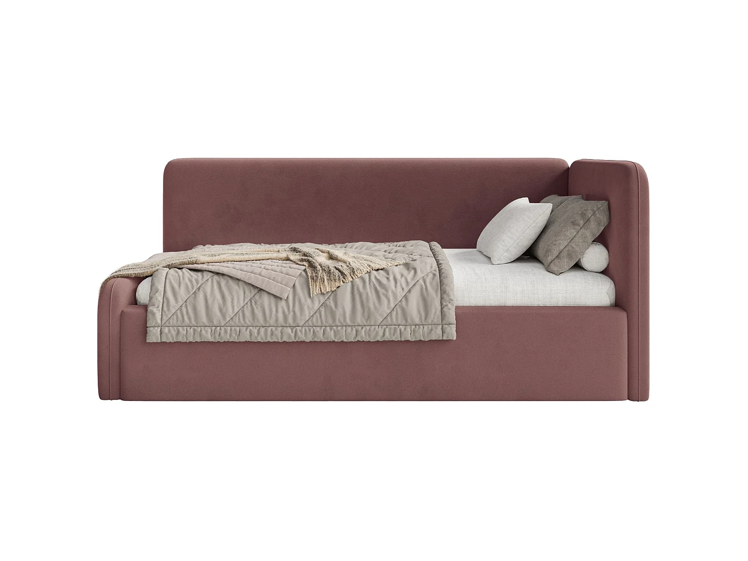 Lit junior 90x200 – barrière de sécurité, matelas, tête de lit à droite – velours – rose – FANKO