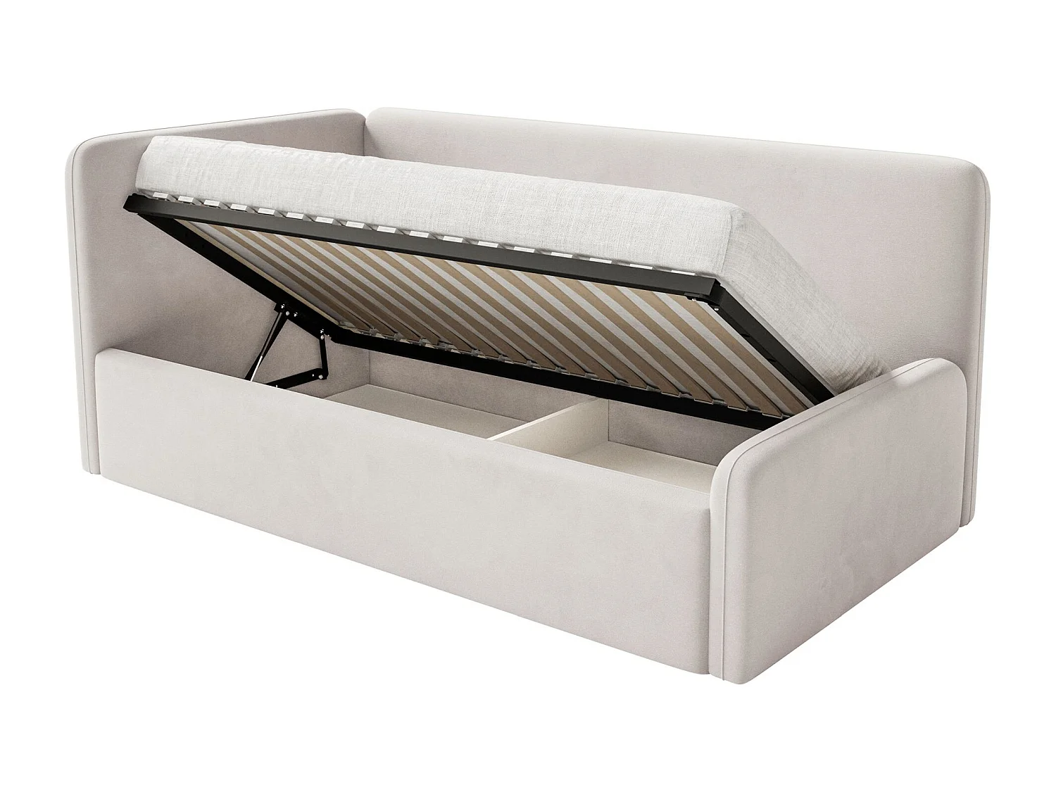 Lit enfant 90x200 – barrière de sécurité, matelas, tête de lit à gauche – velours – beige clair – FANKO