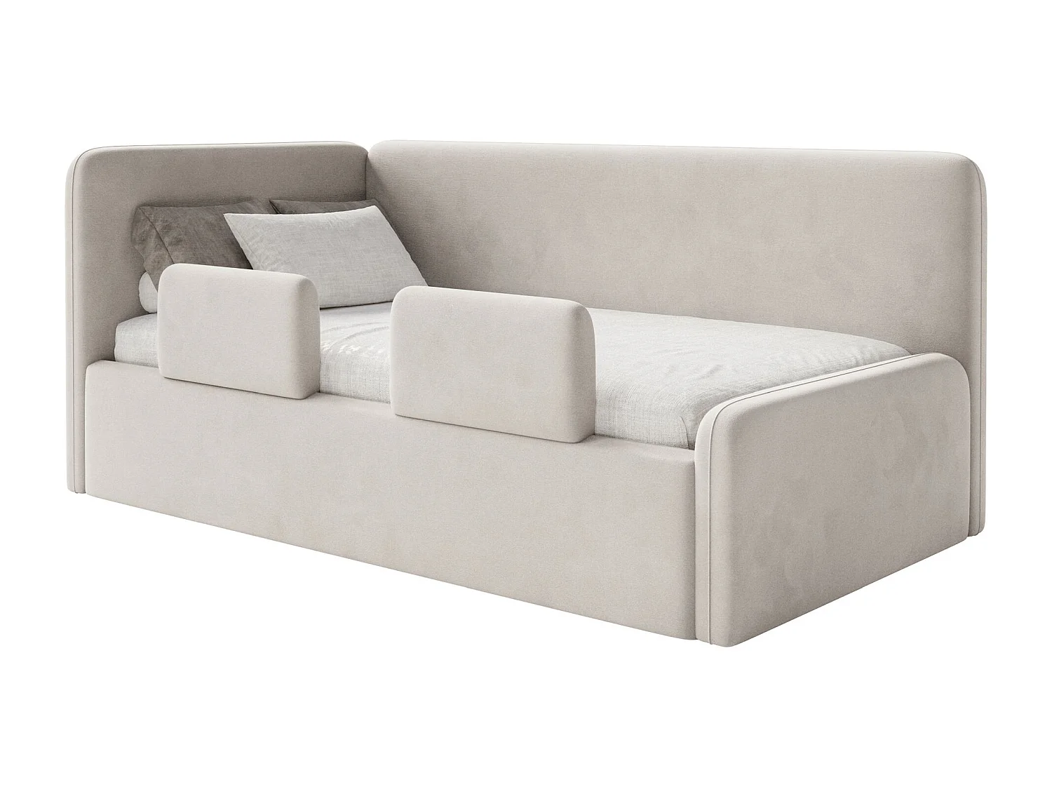 Lit enfant 90x200 – barrière de sécurité, matelas, tête de lit à gauche – velours – beige clair – FANKO