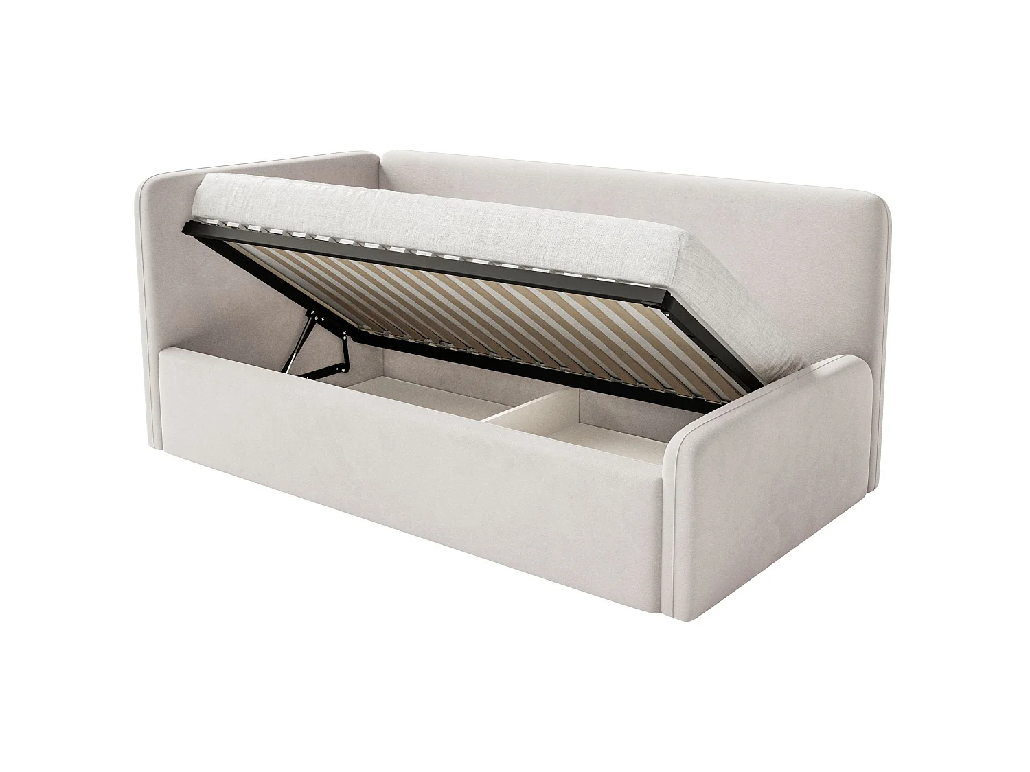 Lit enfant 90x200 – barrière de sécurité, matelas, tête de lit à gauche – velours – beige clair – FANKO