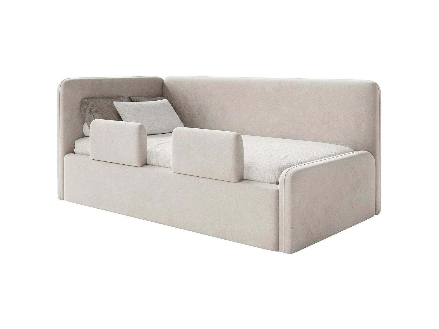 Lit enfant 90x200 – barrière de sécurité, matelas, tête de lit à gauche – velours – beige clair – FANKO