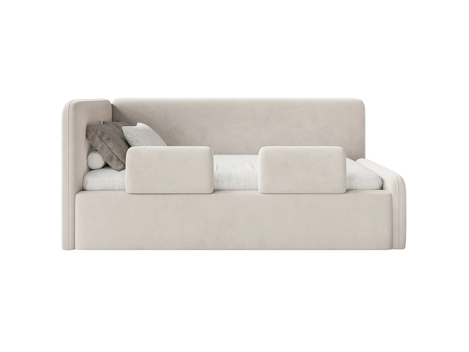Lit enfant 90x200 – barrière de sécurité, matelas, tête de lit à gauche – velours – beige clair – FANKO