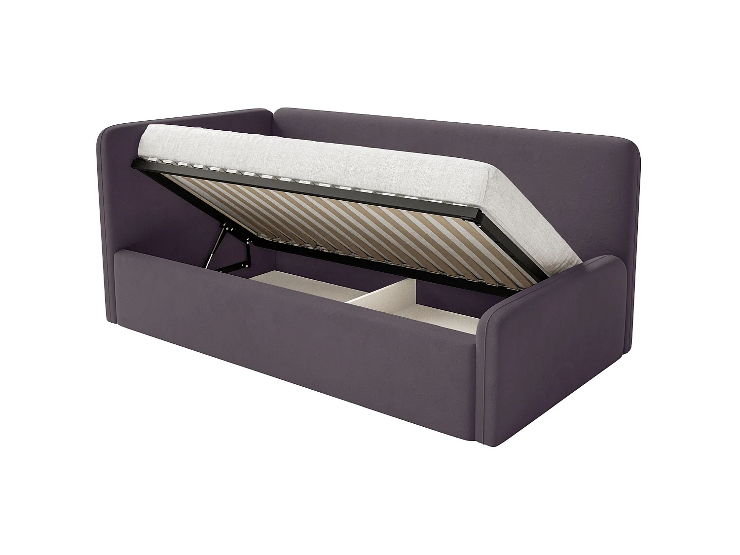 Lit enfant 90x200 – barrière de sécurité, matelas, tête de lit à gauche – velours – violet – FANKO
