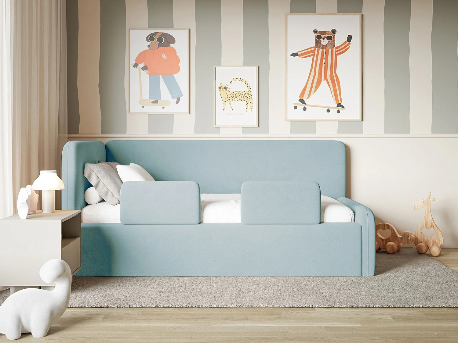 Lit enfant avec tête de lit à gauche – coffre de rangement et barrière de sécurité – bleu clair – 90x200 cm – FANKO