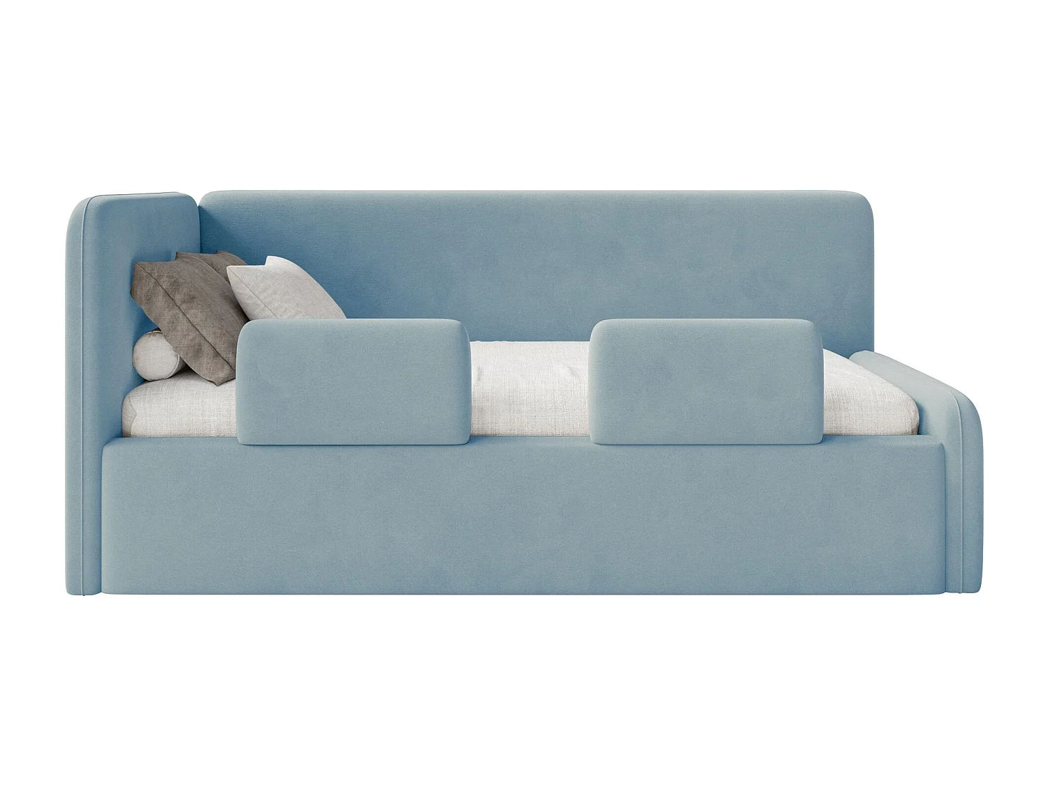 Lit enfant avec tête de lit à gauche – coffre de rangement et barrière de sécurité – bleu clair – 90x200 cm – FANKO