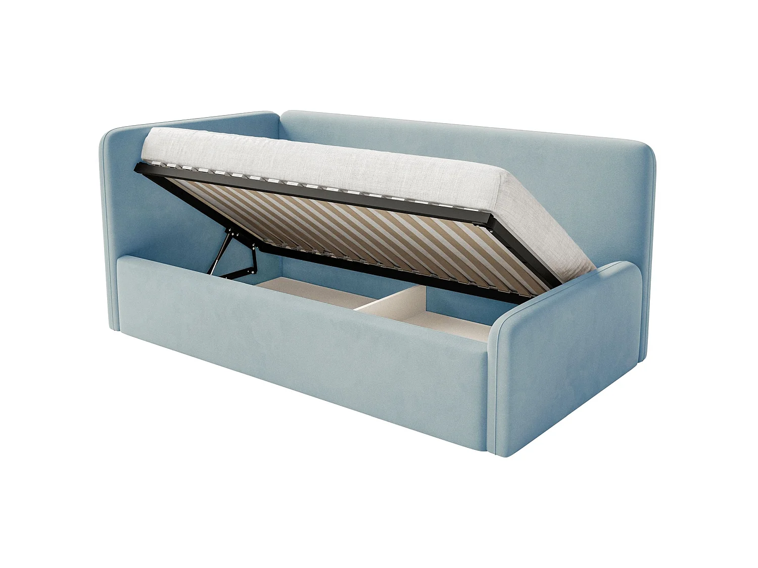 Kinderbed 90x200 met uitvalbeveiliging en hoofdbord links – velours – lichtblauw – FANKO