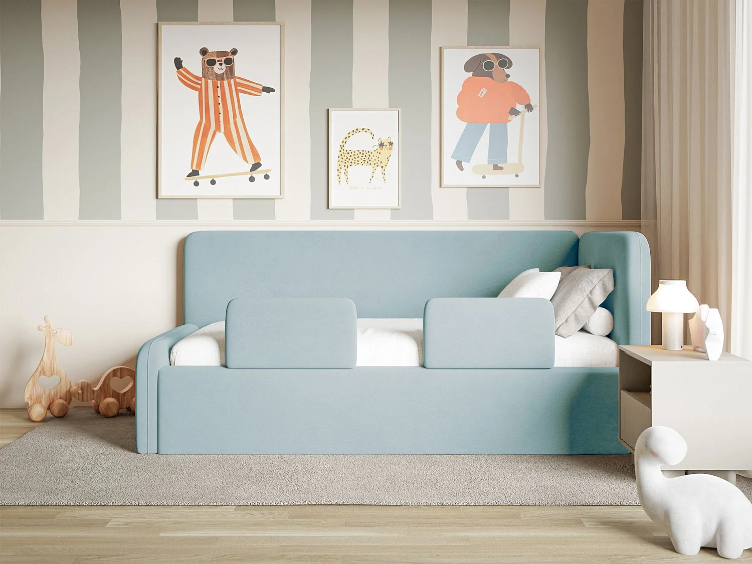 Lit enfant avec tête de lit à droite – coffre de rangement et barrière de sécurité – bleu clair – 90x200 cm – FANKO