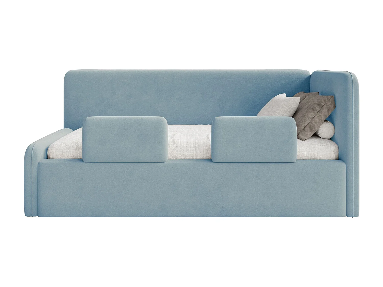 Lit enfant avec tête de lit à droite – coffre de rangement et barrière de sécurité – bleu clair – 90x200 cm – FANKO