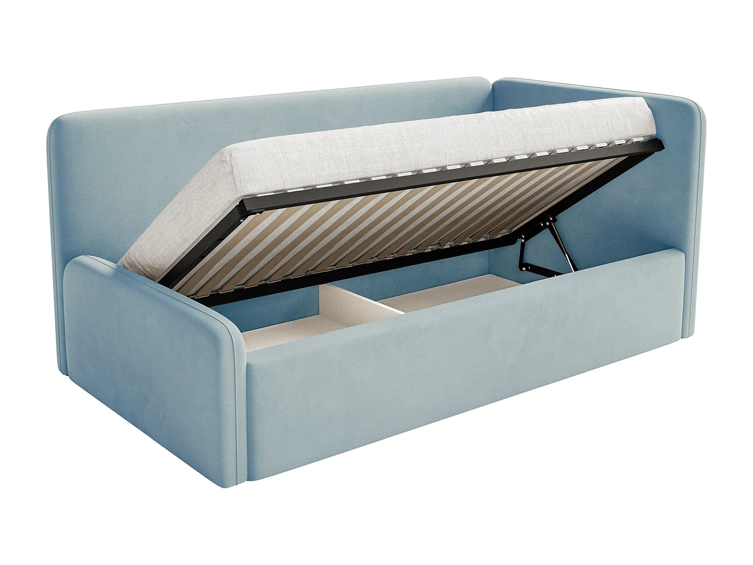 Kinderbed 90x200 met uitvalbeveiliging en hoofdbord rechts – velours – lichtblauw – FANKO