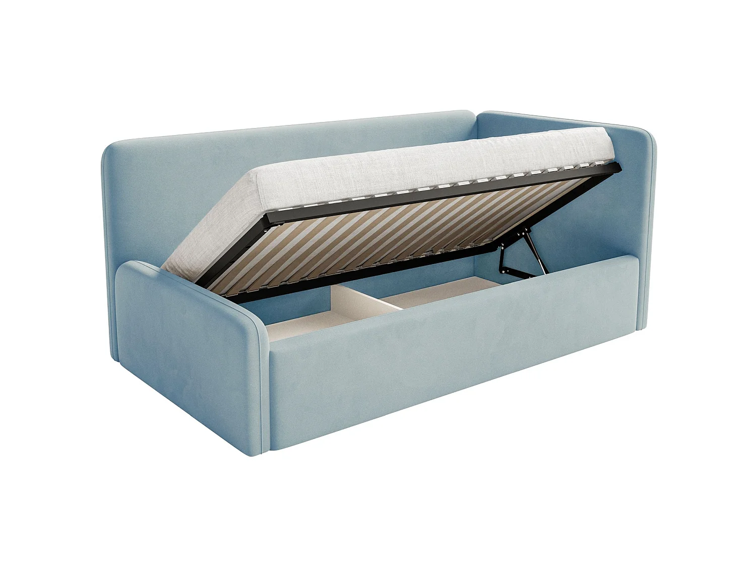 Kinderbed 90x200 met uitvalbeveiliging en hoofdbord rechts – velours – lichtblauw – FANKO
