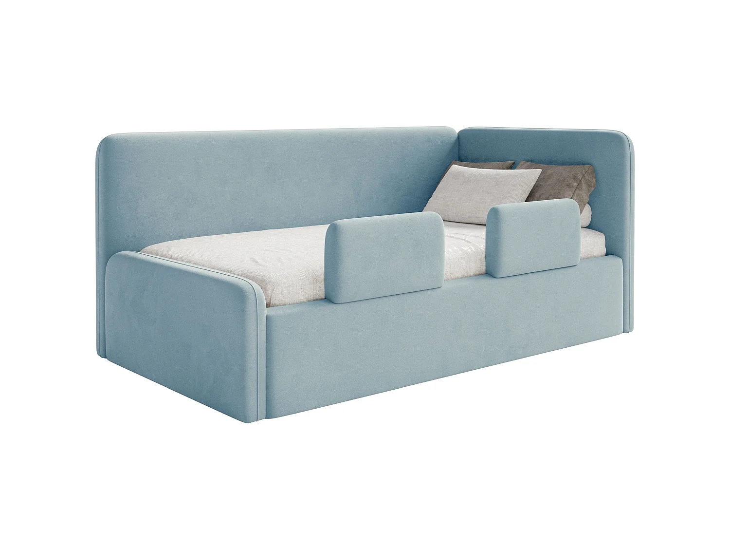 Kinderbed 90x200 met uitvalbeveiliging en hoofdbord rechts – velours – lichtblauw – FANKO