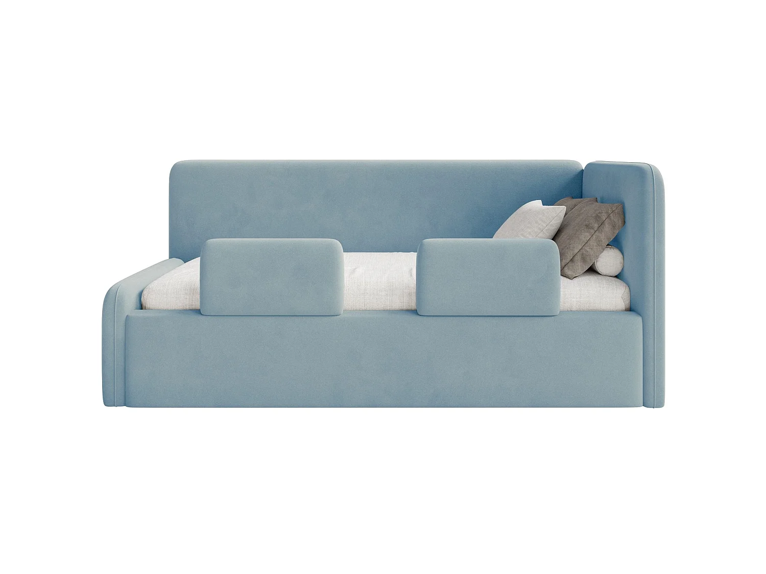 Kinderbed 90x200 met uitvalbeveiliging en hoofdbord rechts – velours – lichtblauw – FANKO
