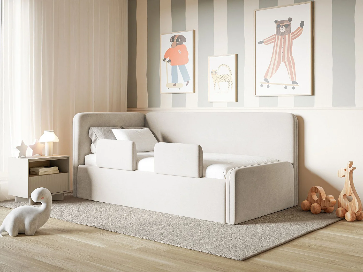 Kinderbed 90x200 met uitvalbeveiliging en hoofdbord links – velours – lichtbeige – FANKO