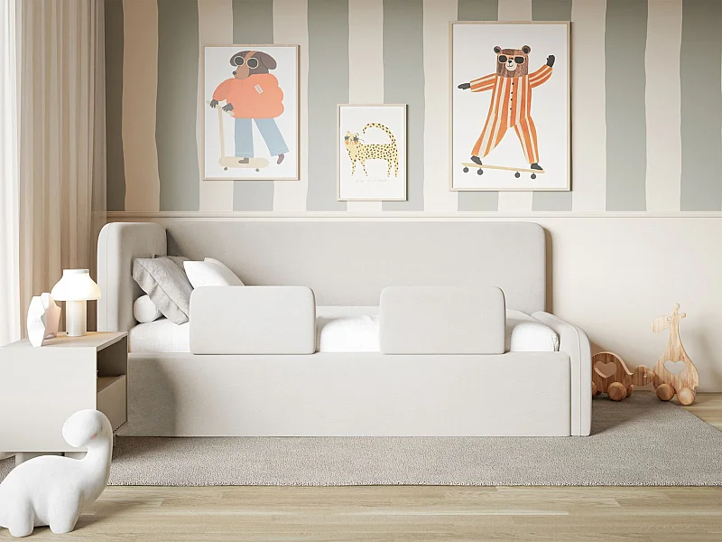 Lit enfant avec tête de lit à gauche – coffre de rangement et barrière de sécurité – beige clair – 90x200 cm – FANKO