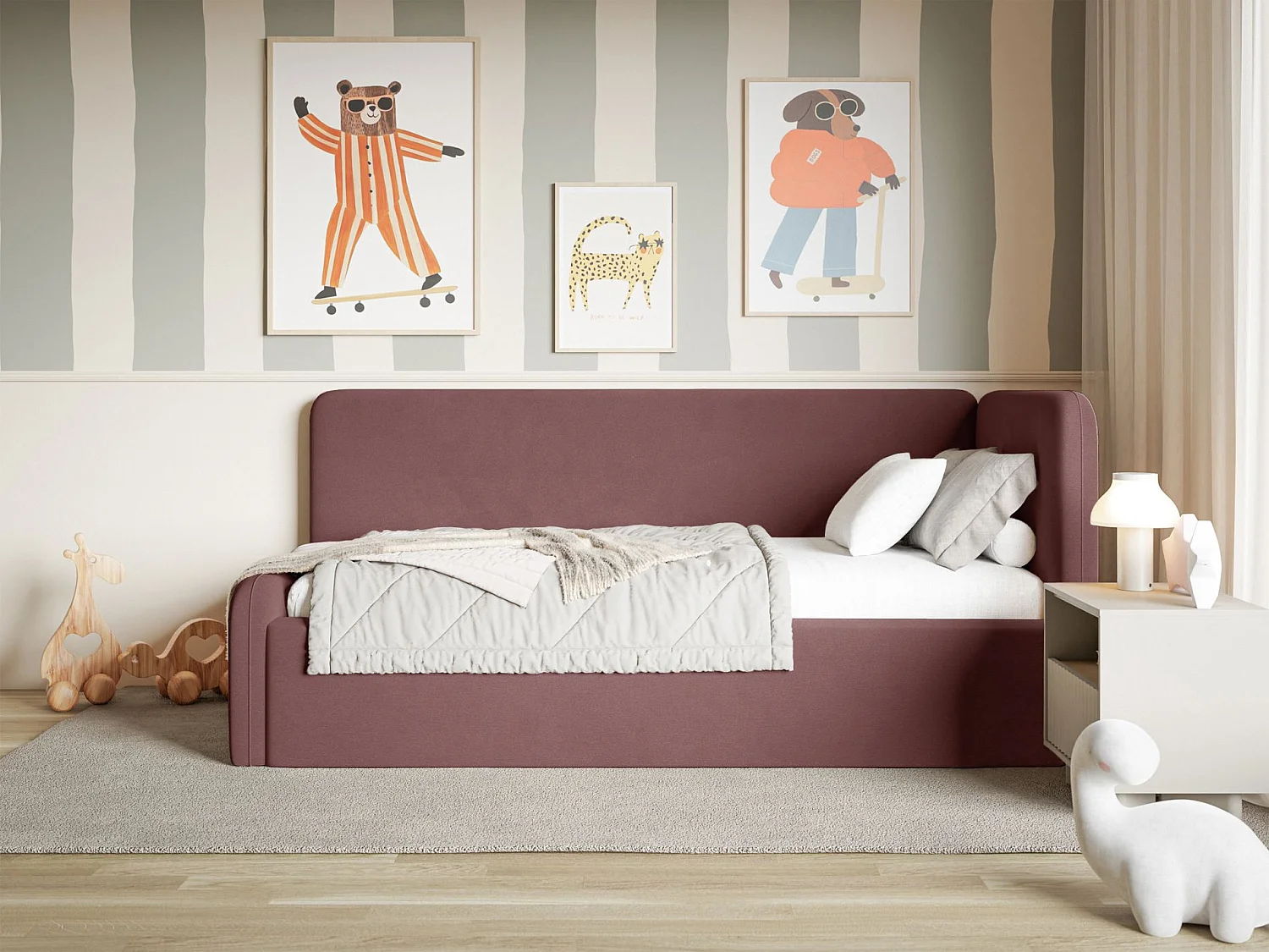 Tienerbed 90x200 met hoofdbord rechts – velours – roze – FANKO
