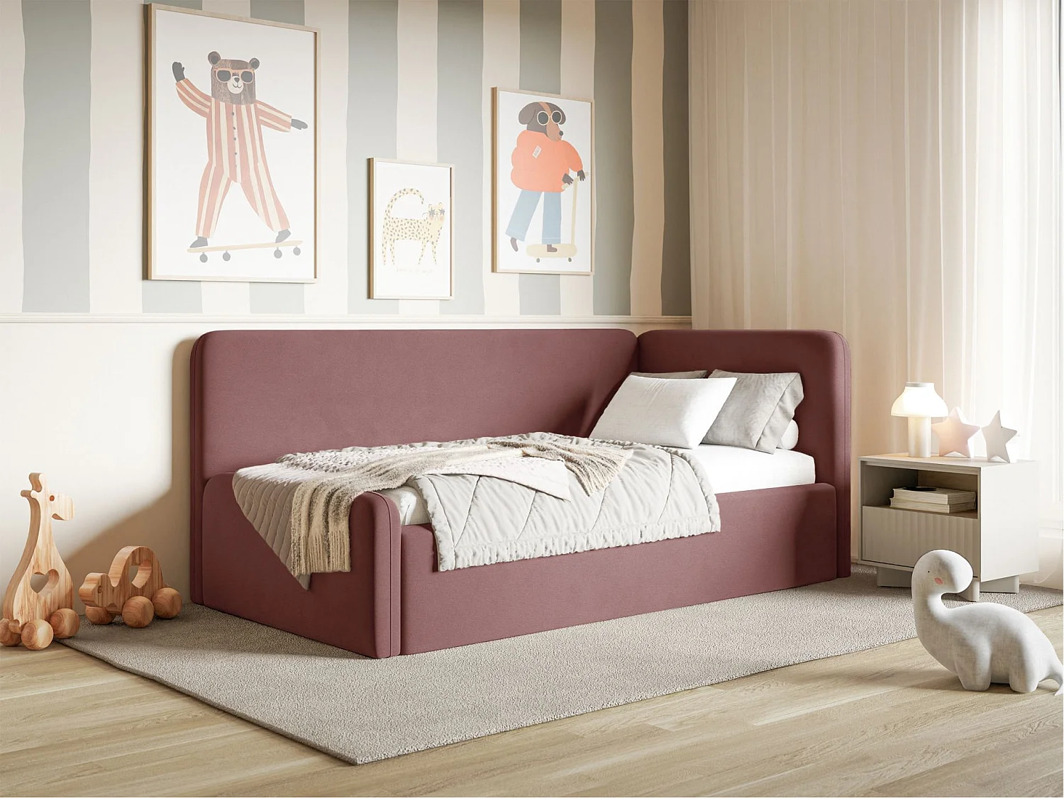 Tienerbed 90x200 met hoofdbord rechts – velours – roze – FANKO