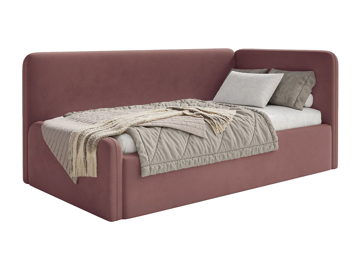 Tienerbed 90x200 met hoofdbord rechts – velours – roze – FANKO