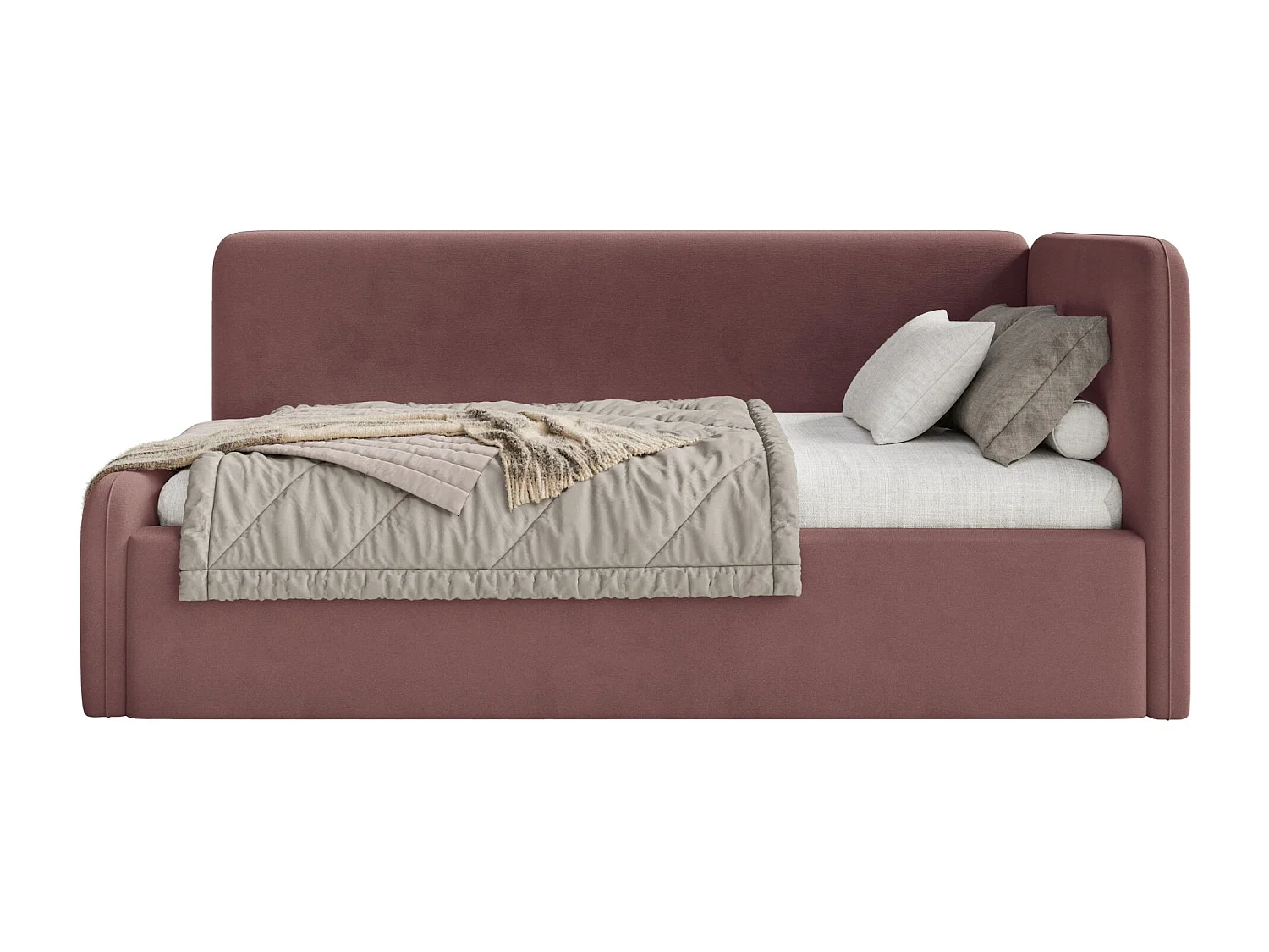 Tienerbed 90x200 met hoofdbord rechts – velours – roze – FANKO