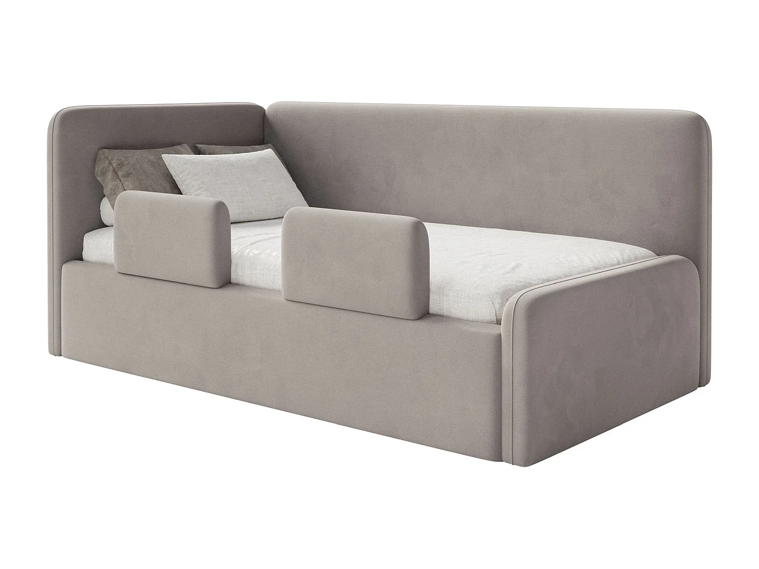 Kinderbed 90x200 met uitvalbeveiliging, matras en hoofdbord links – velours – grijsbeige – FANKO