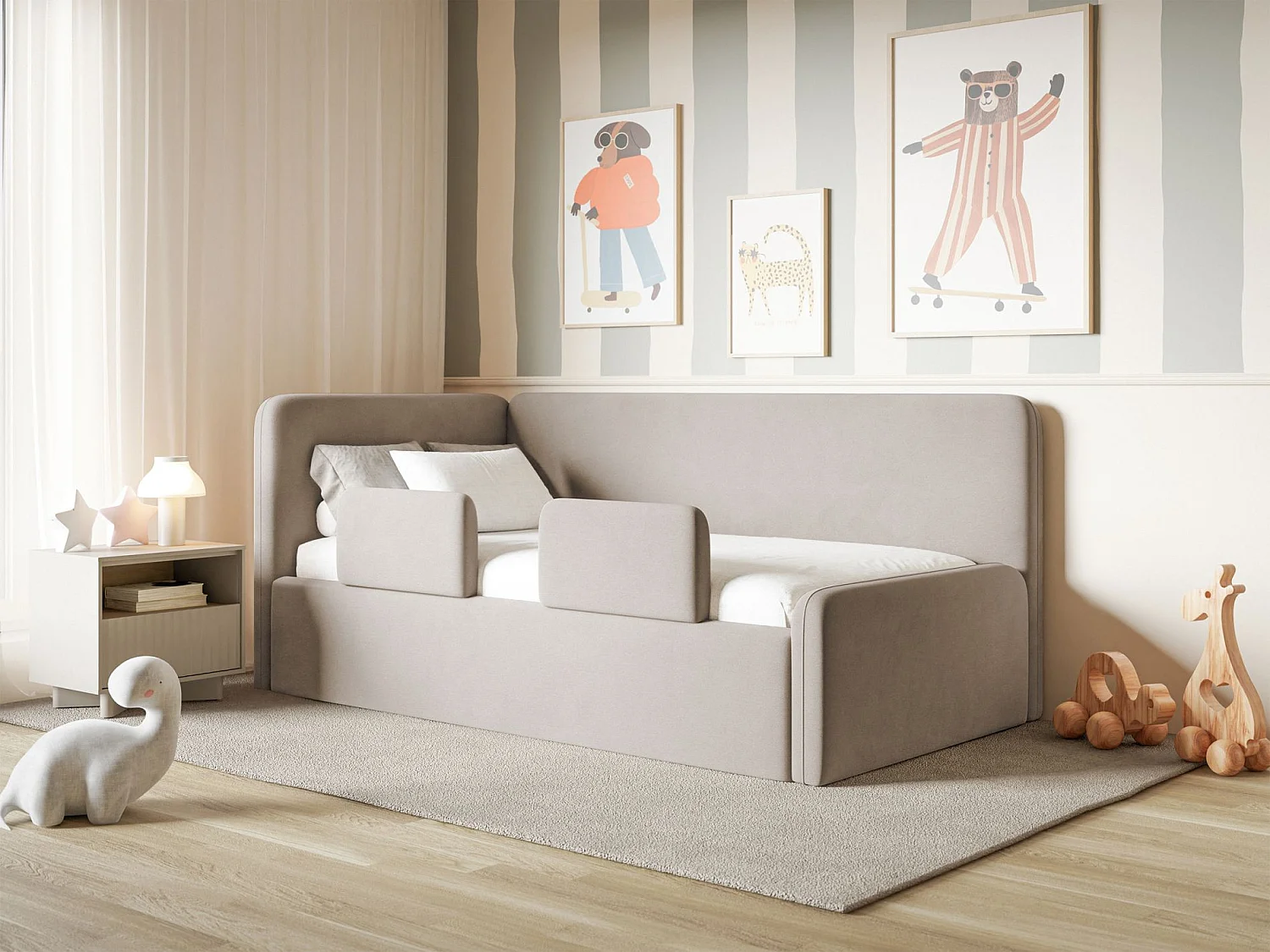 Lit enfant 90x200 – barrière de sécurité, matelas, tête de lit à gauche – velours – grège – FANKO