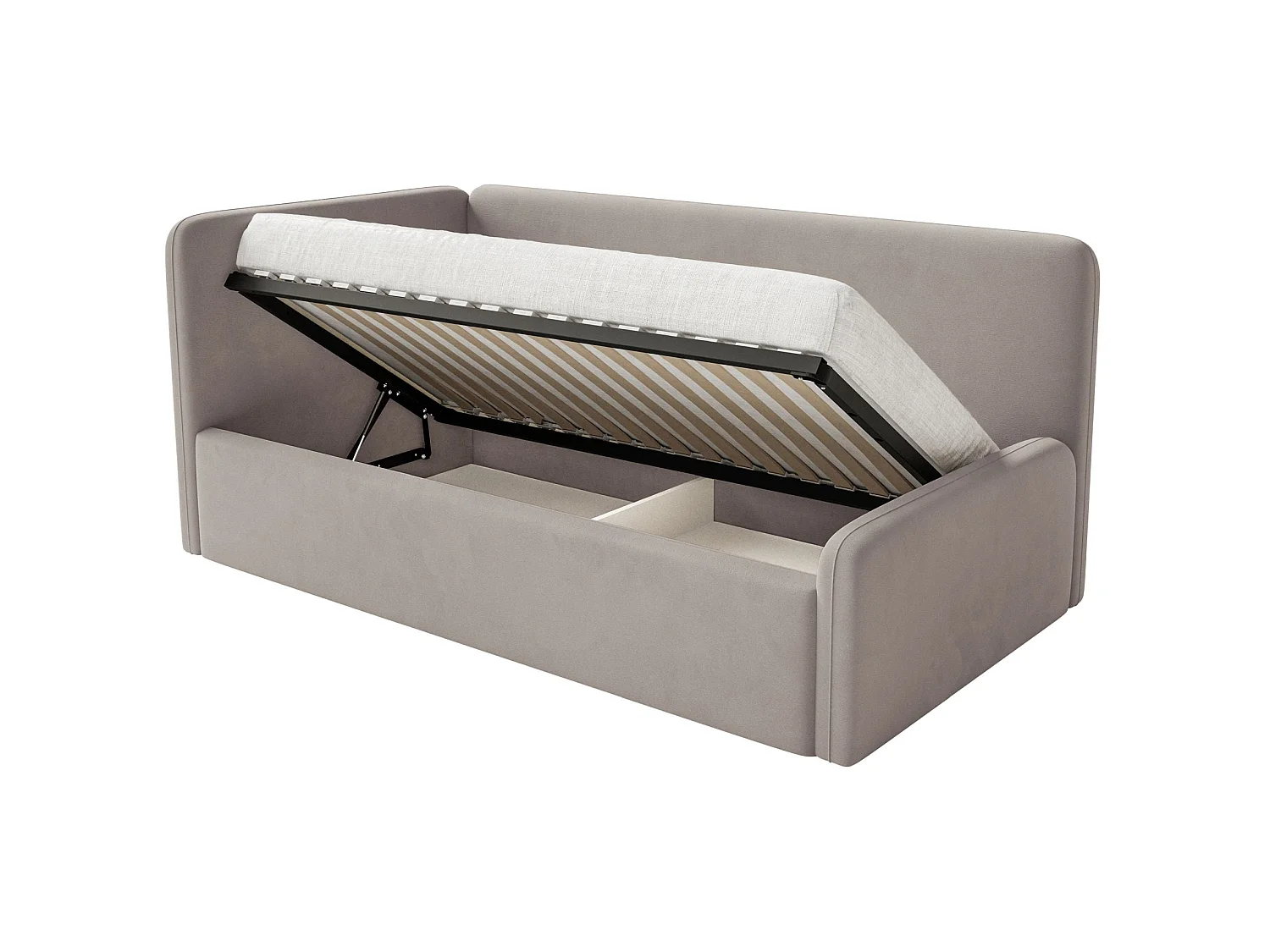 Lit enfant 90x200 – barrière de sécurité, matelas, tête de lit à gauche – velours – grège – FANKO