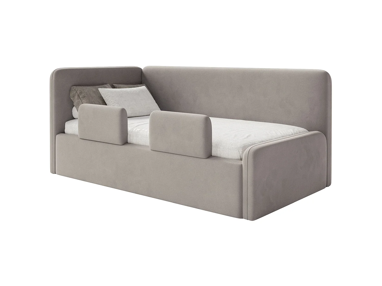 Lit enfant 90x200 – barrière de sécurité, matelas, tête de lit à gauche – velours – grège – FANKO