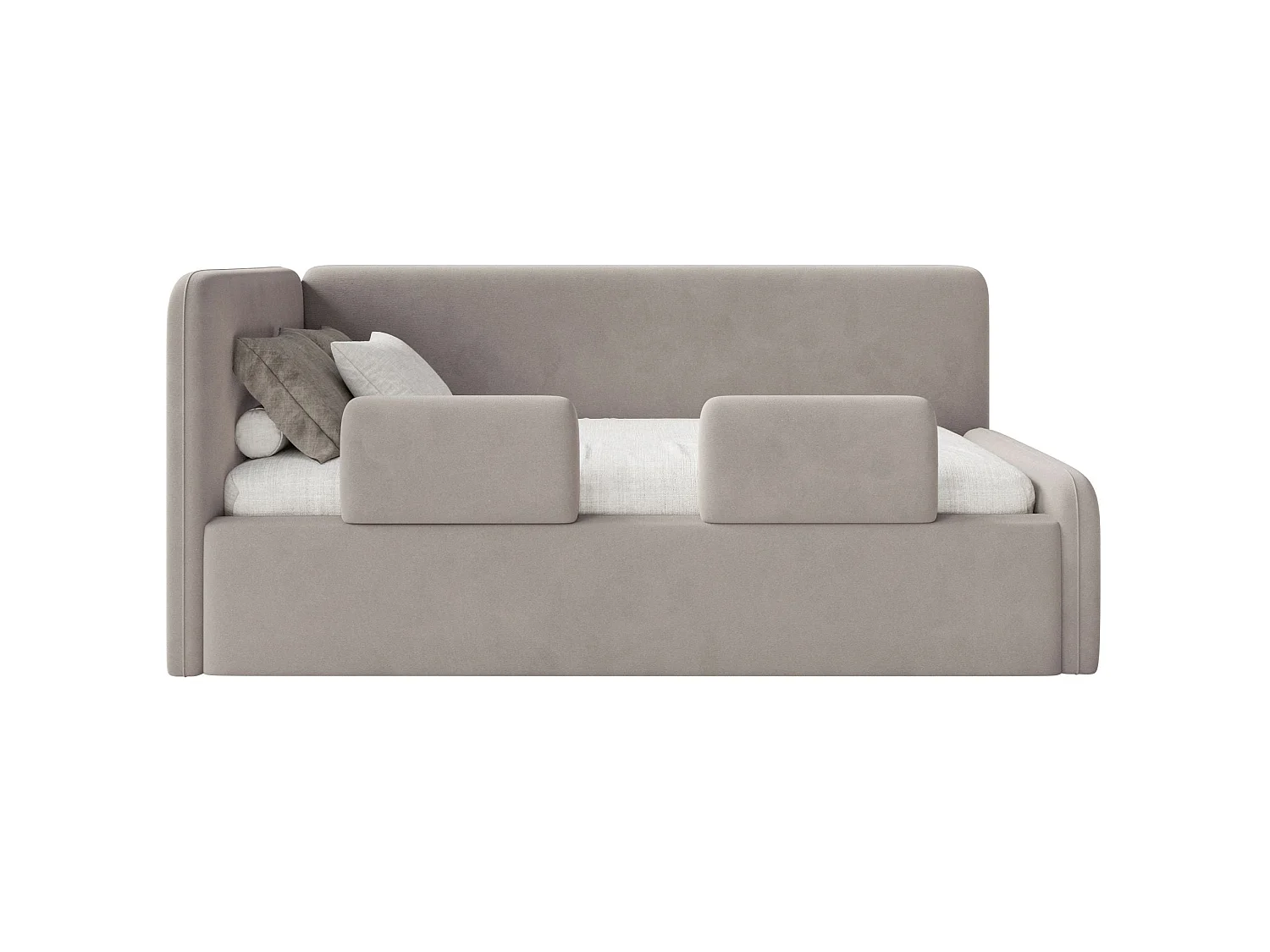 Lit enfant 90x200 – barrière de sécurité, matelas, tête de lit à gauche – velours – grège – FANKO
