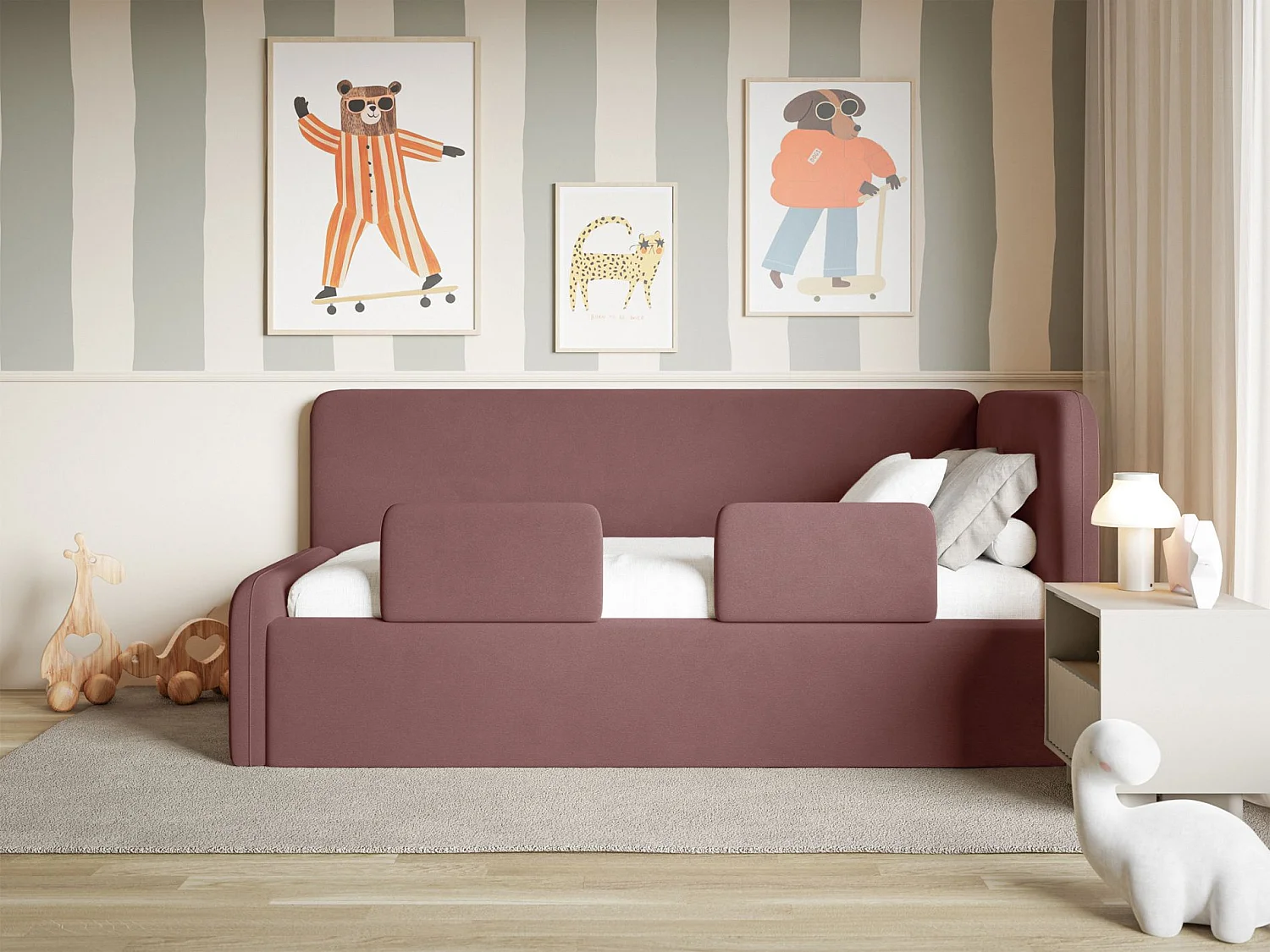 Kinderbed 90x200 met uitvalbeveiliging en hoofdbord rechts – velours – roze – FANKO