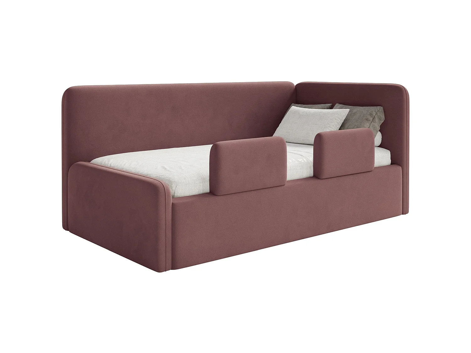 Kinderbed 90x200 met uitvalbeveiliging en hoofdbord rechts – velours – roze – FANKO
