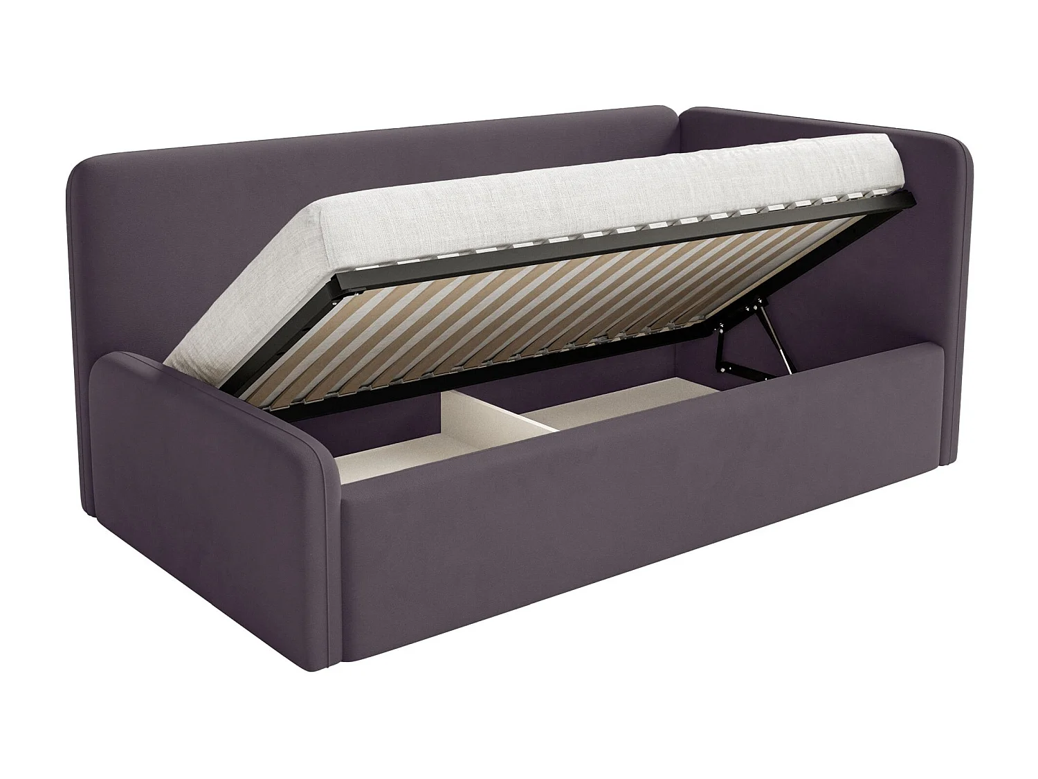 Lit enfant avec tête de lit à droite – matelas, coffre de rangement et barrière de sécurité – violet – 90x200 cm – FANKO