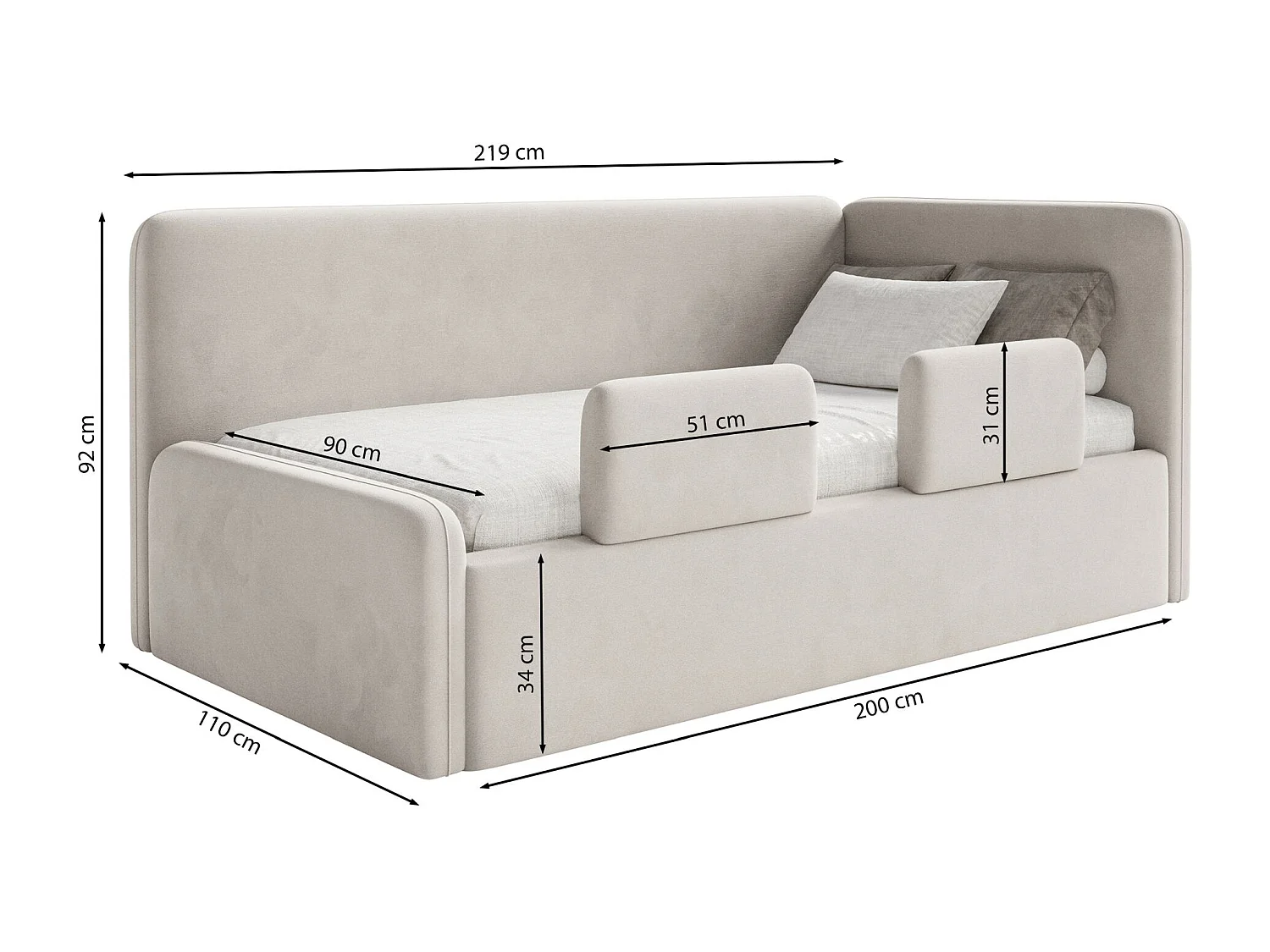 Kinderbett mit Kopfteil links – Matratze – Bettkasten und Rausfallschutz – Hellblau – 90x200 cm – FANKO