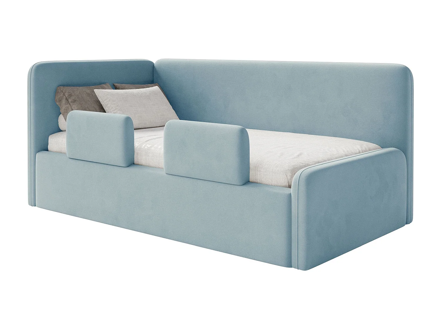 Kinderbett mit Kopfteil links – Matratze – Bettkasten und Rausfallschutz – Hellblau – 90x200 cm – FANKO