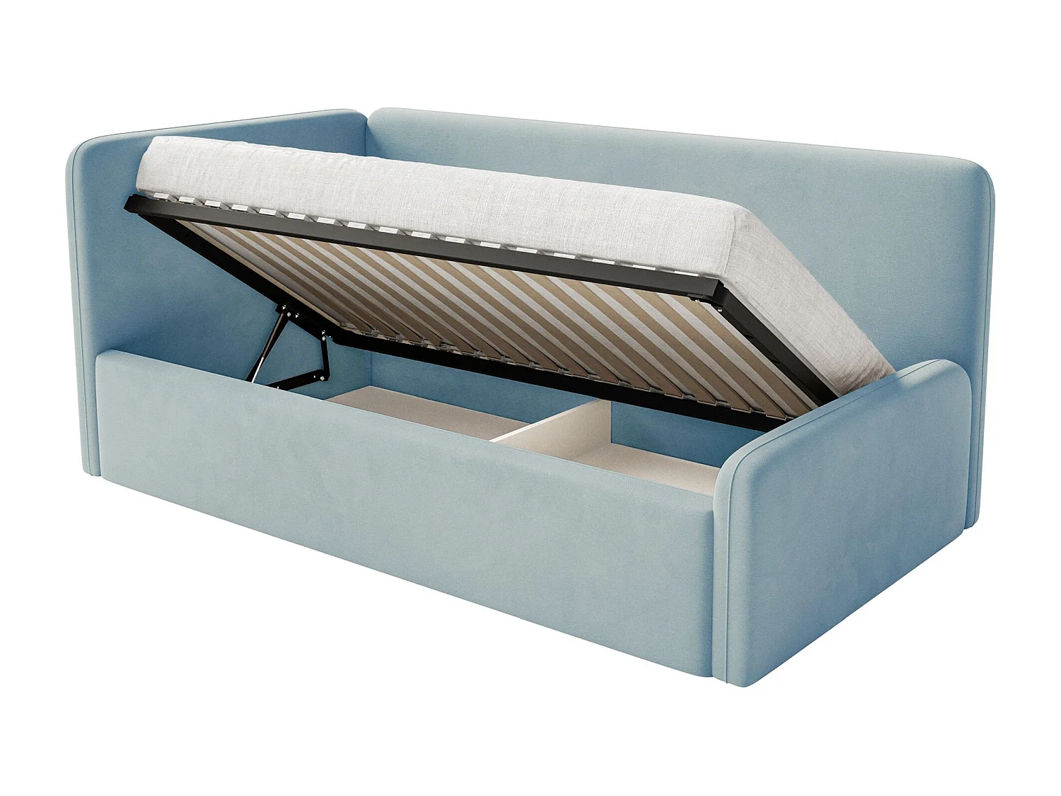 Kinderbed 90x200 met uitvalbeveiliging, matras en hoofdbord links – velours – lichtblauw – FANKO