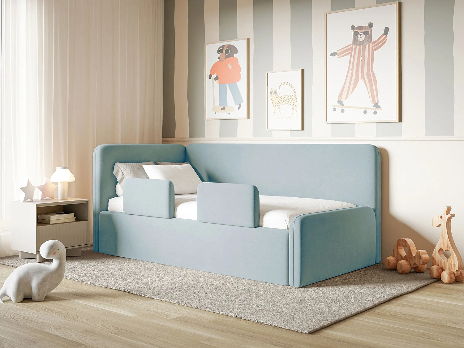 Lit enfant 90x200 – barrière de sécurité, matelas, tête de lit à gauche – velours – bleu clair – FANKO