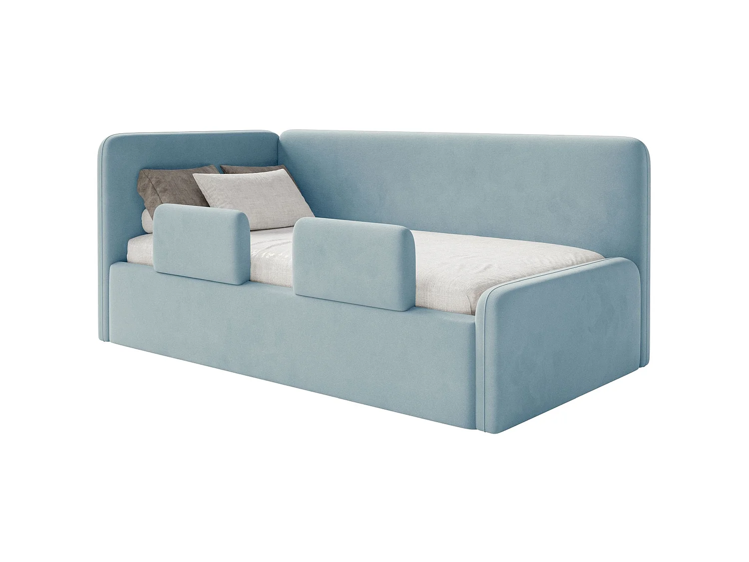 Lit enfant 90x200 – barrière de sécurité, matelas, tête de lit à gauche – velours – bleu clair – FANKO
