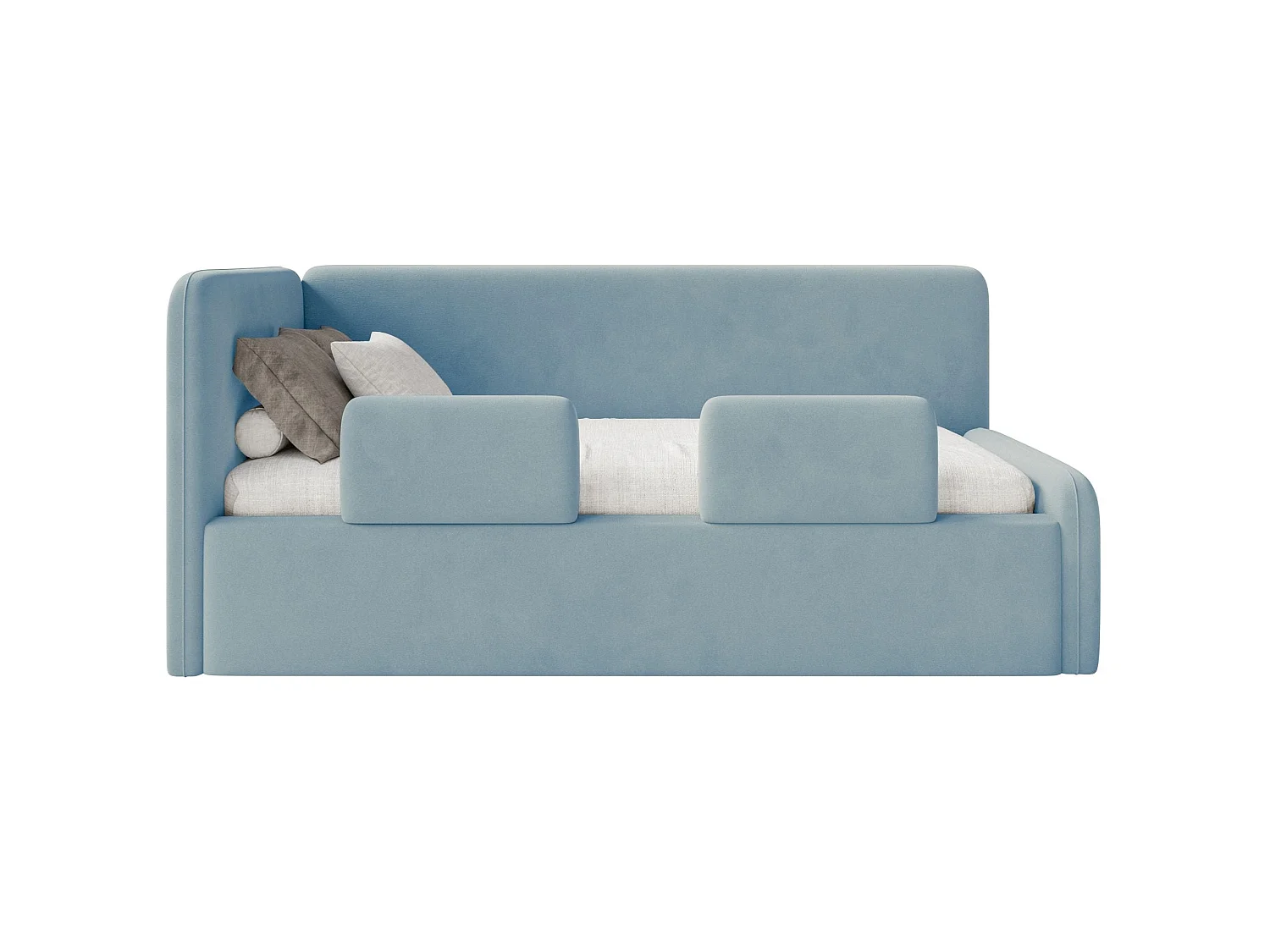 Lit enfant 90x200 – barrière de sécurité, matelas, tête de lit à gauche – velours – bleu clair – FANKO