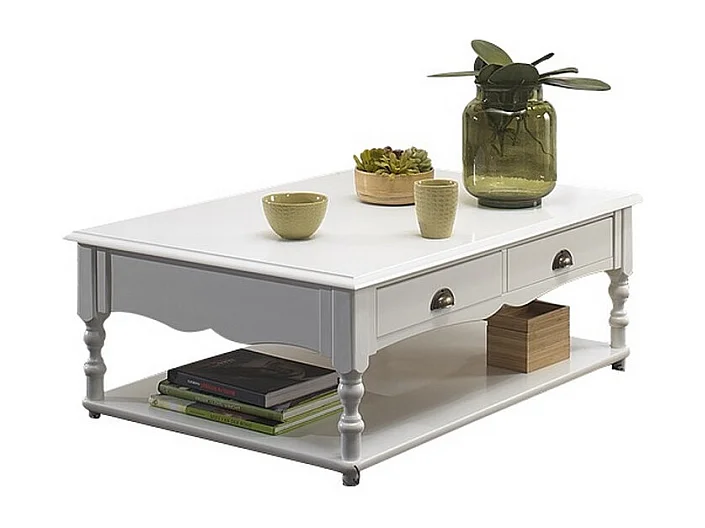 Table Basse 2 Tiroirs Blanche Style Anglais 1 Niche L 100 H 38 P 70 cm