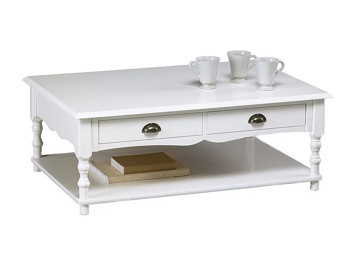 Table Basse 2 Tiroirs Blanche Style Anglais 1 Niche L 100 H 38 P 70 cm