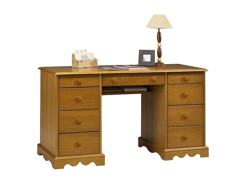 Bureau Ministre Pin Miel Style Anglais Charme 9 Tiroirs L 137.5 H 74.7 P 58.3 cm