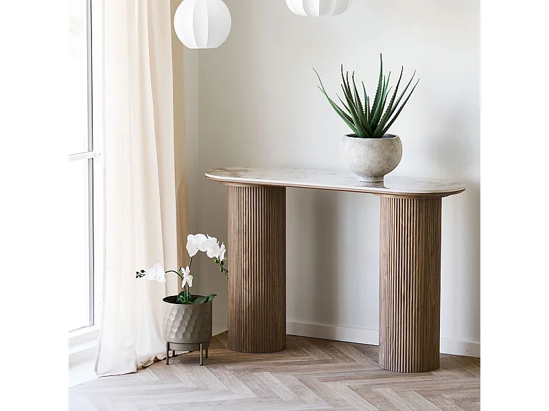 Athens - Console aux bords arrondis effet marbre et bois L120cm - Marbre blanc