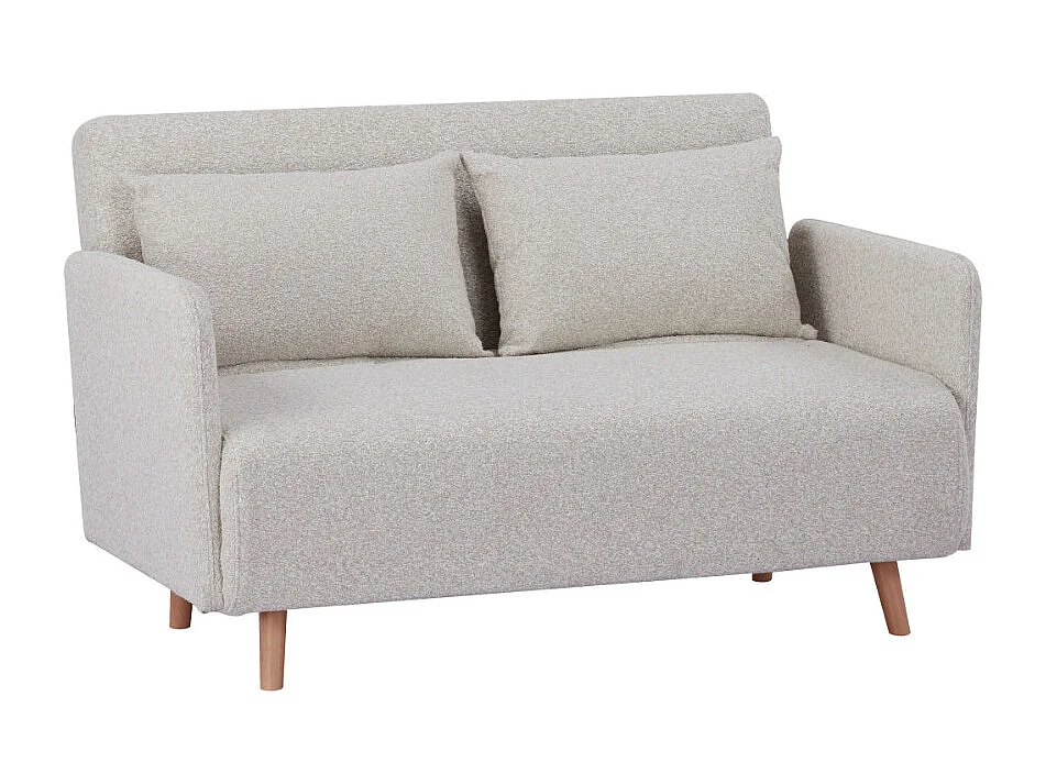 Belushi - Canapé convertible 2 places en tissu bouclette pieds bois clair - Beige