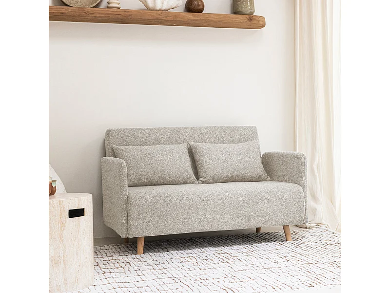 Belushi - Canapé convertible 2 places en tissu bouclette pieds bois clair - Beige