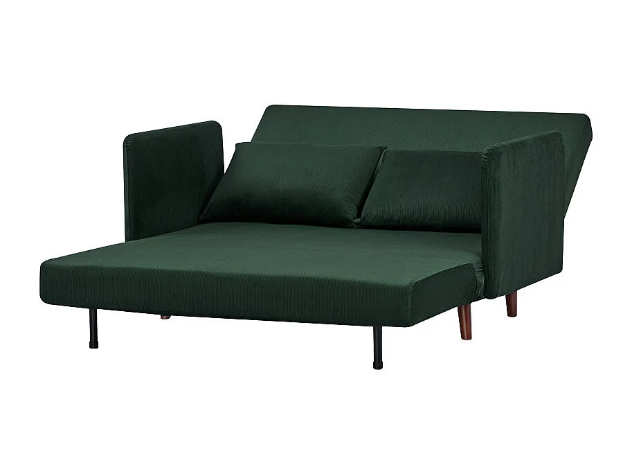 Belushi - Canapé convertible 2 places en velours côtelé pieds bois foncé - Vert foncé