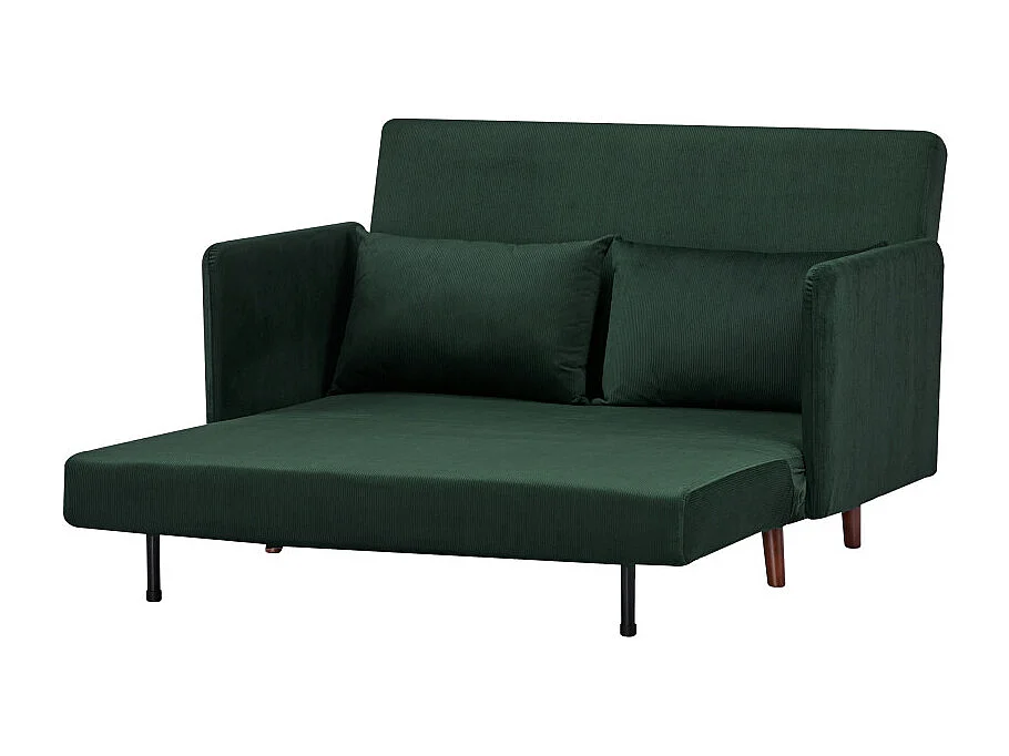 Belushi - Canapé convertible 2 places en velours côtelé pieds bois foncé - Vert foncé