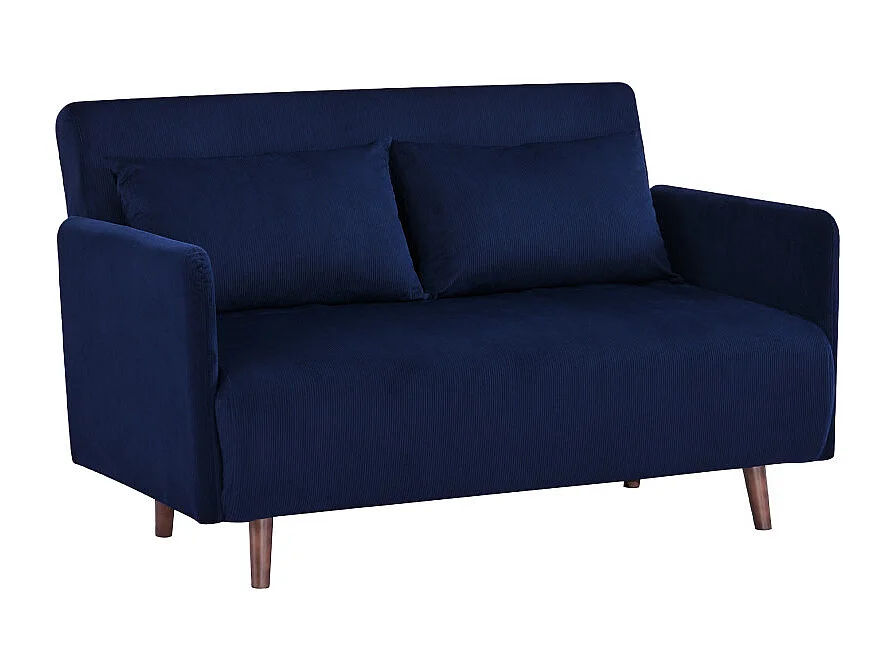 Belushi - Canapé convertible 2 places en velours côtelé pieds bois foncé - Bleu marine