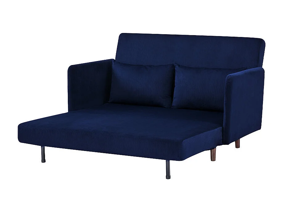 Belushi - Canapé convertible 2 places en velours côtelé pieds bois foncé - Bleu marine