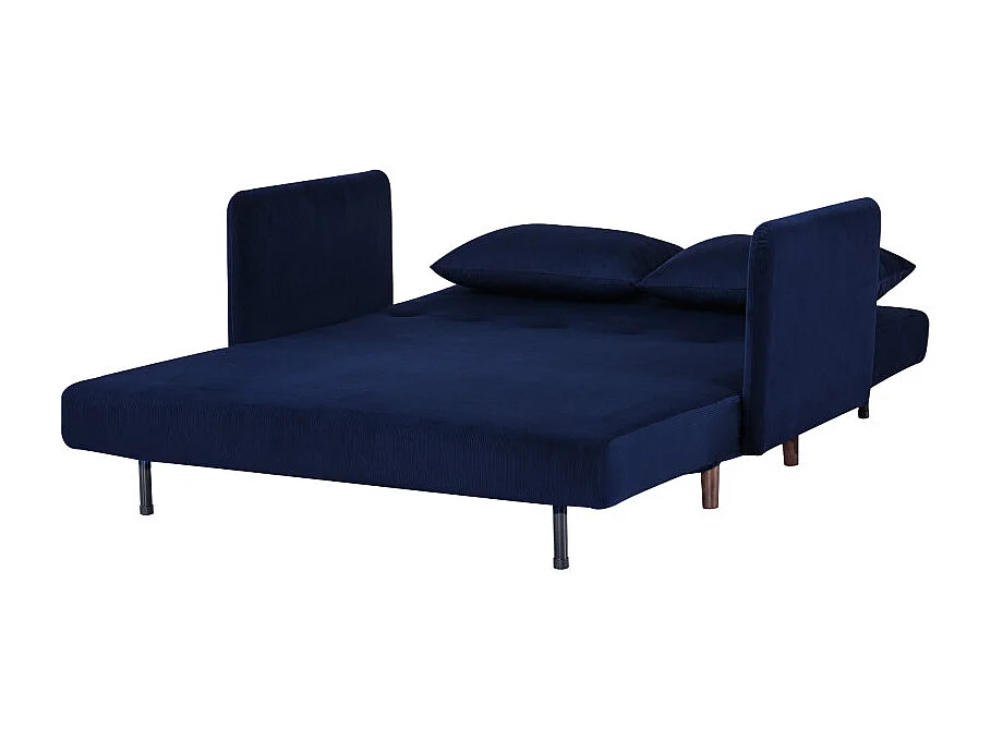 Belushi - Canapé convertible 2 places en velours côtelé pieds bois foncé - Bleu marine
