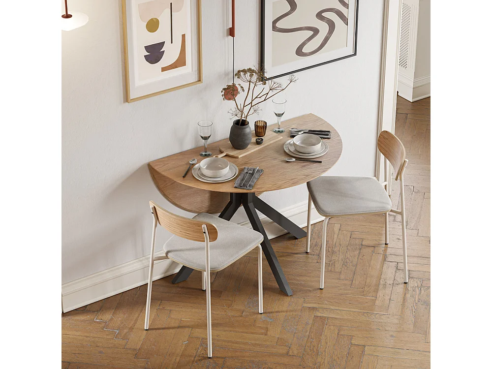 Libra - Table à manger pliante 4 personnes ronde en bois et métal  - Bois clair