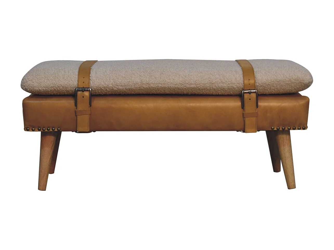 Artisan Furniture Banc en cuir Bouclé Buffalo Hide Tan en bois massif, marron clair